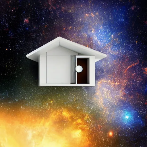 Image similar to a house floating on space galaxy