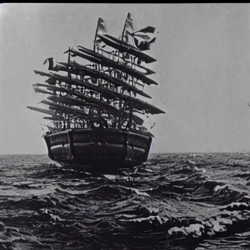 Prompt: an impossibly huge pirate ship, being attacked by a kraken, giant tentacles. 1910s photograph