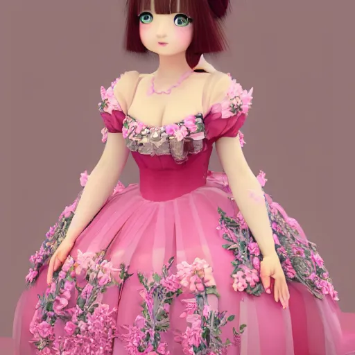 Image similar to highly detailed 3D render portrait young, kawaii lady pink cheeks dressed in manga, floral renaissance dress