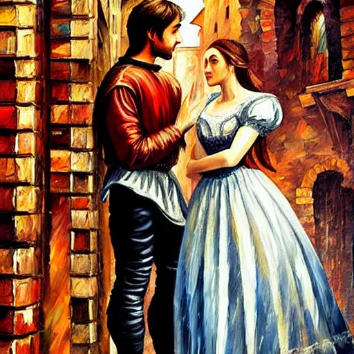 Image similar to highly detailed painting of shakespeare's romeo and juliet in the city of verona, italy. intricate, high quality oil painting artstyle, in the style of leonid afremov, deviantart, figurative art, deviantart, ilya kuvshinov, lovecraftian, very detailed face, portrait