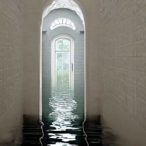 Prompt: a flooded room made of white ceramic tiles, rounded room, arched doorway, curved hallways, liminal space, surreal,