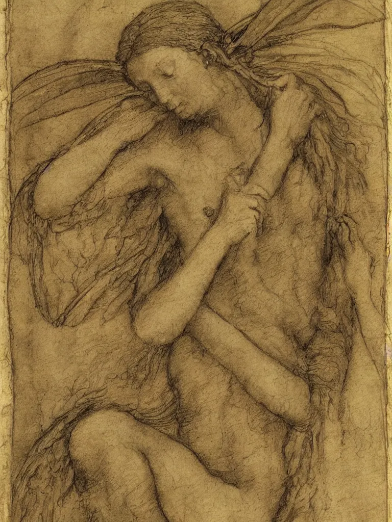 Image similar to sketch, study of a fairy, in the style of leonardo da vinci, with written notes, annotations,