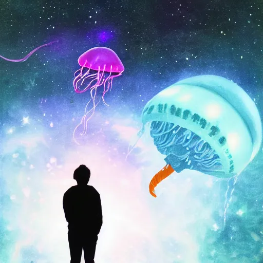 Image similar to over the shoulder photo of a man watching magic glowing jellyfish in glowing cosmic stardust, colorful stars, galaxies, space, award winning photo, intricate, high detail, atmospheric, desolate, artstation