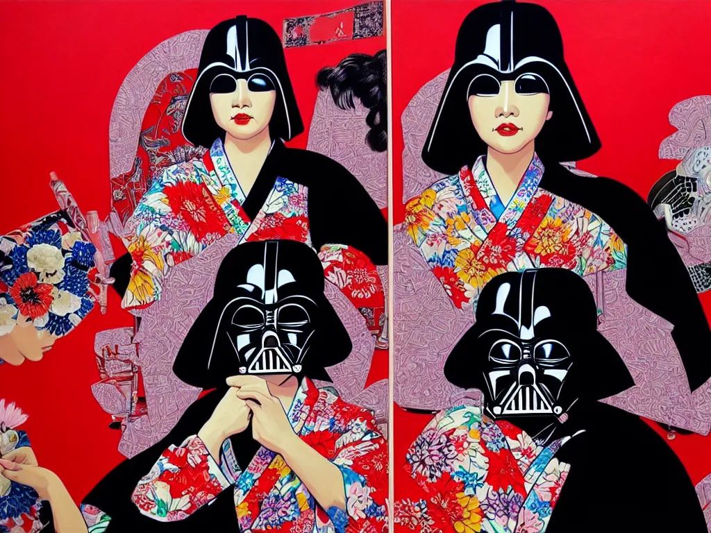 Image similar to hyperrealism composition of the detailed woman in a japanese kimono sitting at an extremely detailed poker table with darth vader, fireworks and folding screen on the background, pop - art style, jacky tsai style, andy warhol style, acrylic on canvas