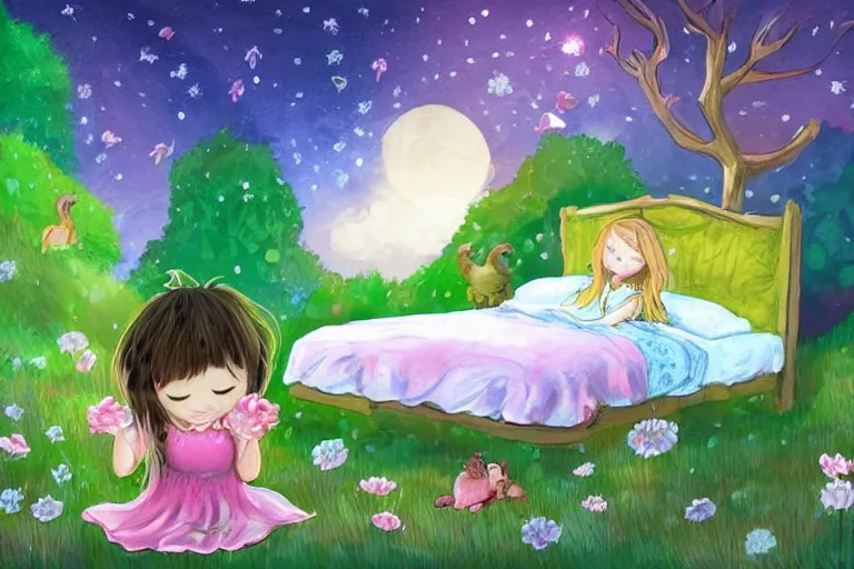 Prompt: a beautiful illustration of a little cute girl on her bed dreaming about a beautiful green forest with cute animals, detailed face, beautiful colors, digital art