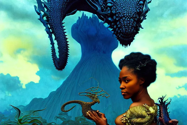 Image similar to realistic detailed photorealistic film portrait shot of a beautiful black woman with a dragon, sci-fi landscape background by Denis Villeneuve, Amano, Yves Tanguy, Alphonse Mucha, Ernst Haeckel, Andrei Tarkovsky, Edward Robert Hughes, Roger Dean, rich moody colours, wide angle, blue eyes