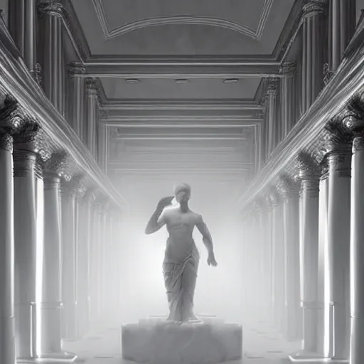 Prompt: portrait photo, god's rejected first draft of humanity, uncanny valley almost human adam and eve, inside a heavenly neo - futuristic greek revival beautiful cloud city with large white marble columns and low mysterious fog, golden hour lighting, god rays, volumetric lighting and fog