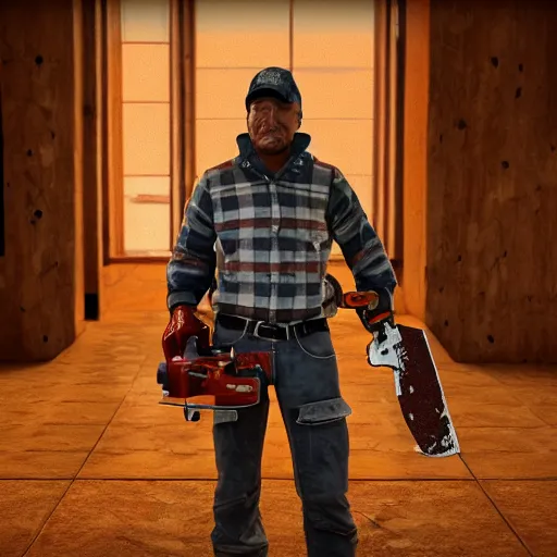 Image similar to portrait of the human with chainsaw instead of head and hands, unreal engine 5, ps5, highly detailed, gloomy lighting, photorealistic, 8k