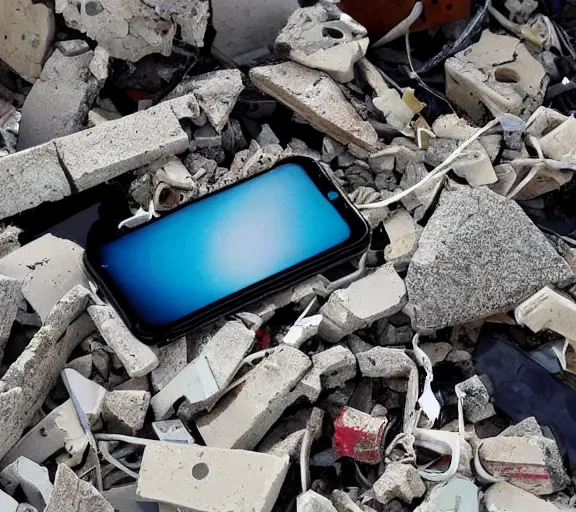 Image similar to an iPhone smartphone in the rubble, ruins.