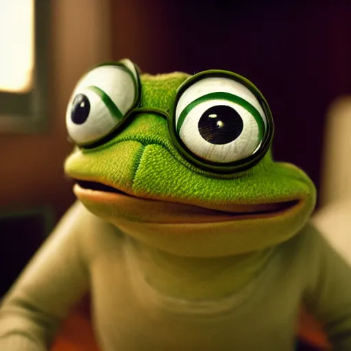 Prompt: closeup potrait of happy pepe frog In a cozy room, natural light, sharp, detailed face, magazine, press, photo, Steve McCurry, David Lazar, Canon, Nikon, focus