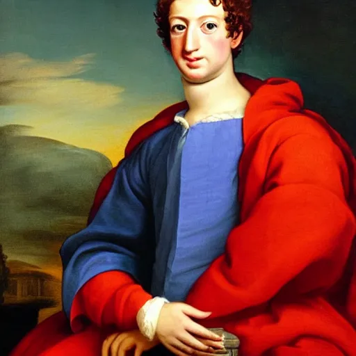 Prompt: 1700s portrait close up mark zuckerberg in robe à la française by michaelangelo di santi enlightenment era, gaudy colors, terminator