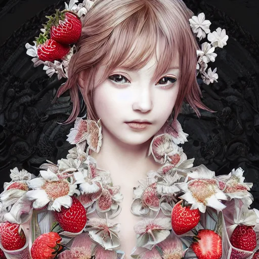 Image similar to the portrait of an absurdly beautiful, graceful, elegant, sophisticated, fashionable young gravure idol made of strawberries and white petals, an ultrafine hyperdetailed illustration by kim jung gi, irakli nadar, intricate linework, bright colors, octopath traveler, final fantasy, unreal engine 5 highly rendered, global illumination, radiant light, detailed and intricate environment