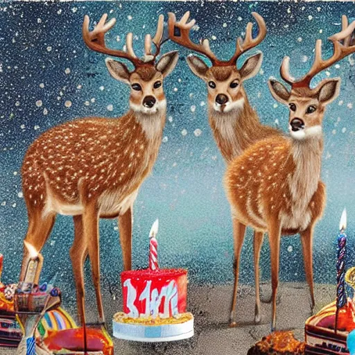 Prompt: three deers having a cool birthday party, photo, highly detailed