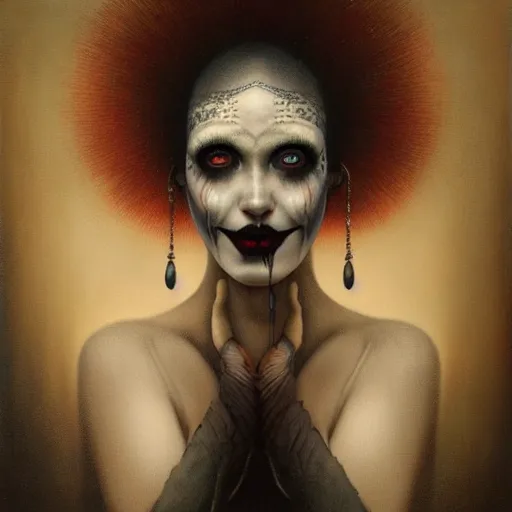 Prompt: By Tom Bagshaw, ultra realist soft painting of a curiosities carnival by night, Female Clown dressed, horror, omnious sky, symmetry accurate features, very intricate details, black and white, volumetric light clouds