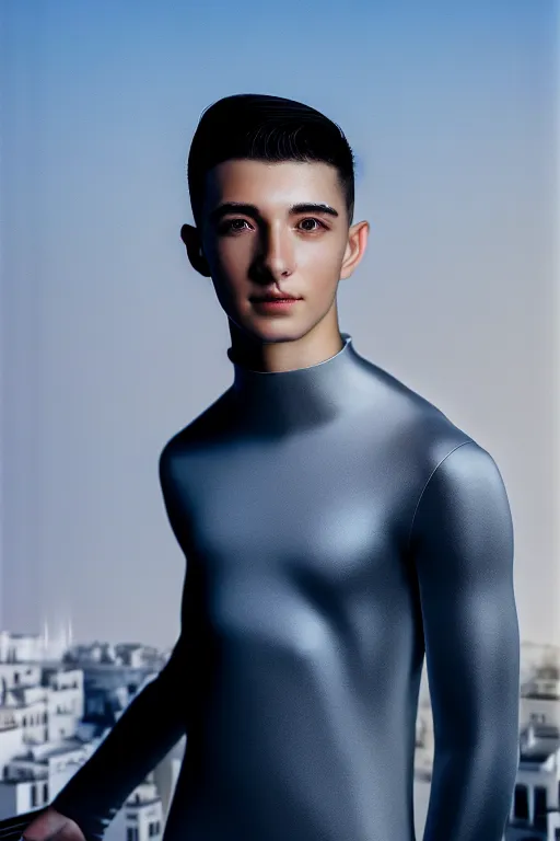 Image similar to un ultra high definition studio quality photographic art portrait of a young man standing on the rooftop of a british apartment building wearing soft padded silver pearlescent clothing. three point light. extremely detailed. golden ratio, ray tracing, volumetric light, shallow depth of field. set dressed.