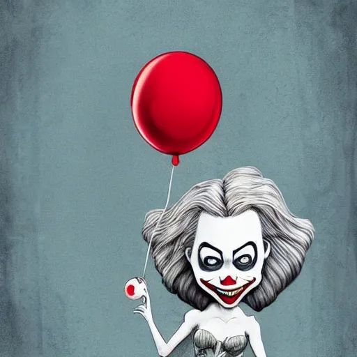 Image similar to grunge cartoon painting of margot robbie with a wide smile and a red balloon by chris leib, loony toons style, pennywise style, corpse bride style, horror theme, detailed, elegant, intricate