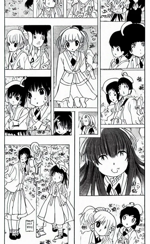 Image similar to a page of multi-panel manga by Naoko Takeuchi and Hayao Miyazaki, black and white manga comic, japanese text kanji, shoujo manga