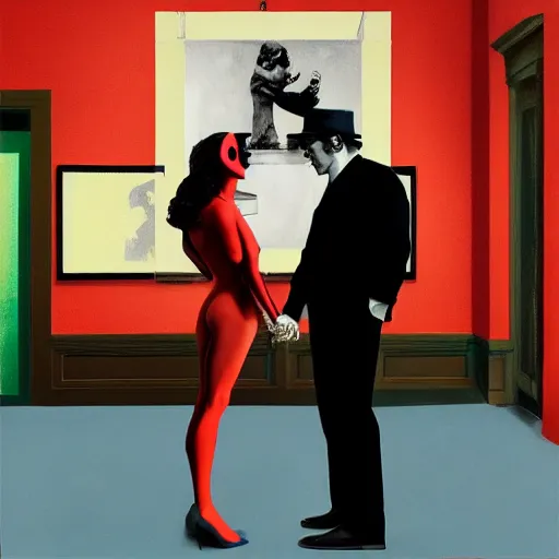 Image similar to edward hopper and mimmo rottela and banksy as joaquin phoenix skinny joker holding hand lady gaga harley queen, medium shot, ultra photorealistic, extreme realistic, intricate details, pop art style, concept art, confident, love, random object movement, 3 colours, warm color, 4 k, ultra smooth, sharp focus