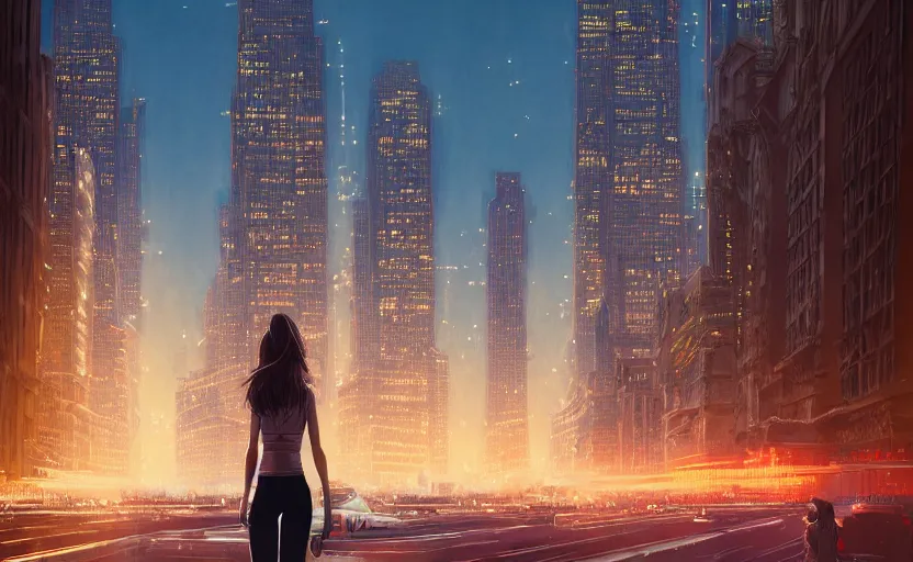 Prompt: detailed intricate digital illustration by greg rutkowski and artgerm and wlop and sanford robinson gifford ; girl standing in beautiful windy city with moving cars and tall skyscrapers in background ; 1 3 mm film, arri alfa anamorphic lens, long exposure ; sharp focus, golden hour lighting, trending on artstation 4 k ; close view