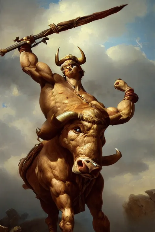 Image similar to oil painting of a strong minotaur with a bull face and wearing full plate armor, in style of ivan aivazovsky, expressive face, detailed face, detailed eyes, full body, feminine face, tracer overwatch,