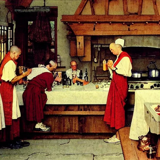 Image similar to A kitchen wench serving beers to a group of monks, artist Norman Rockwell,