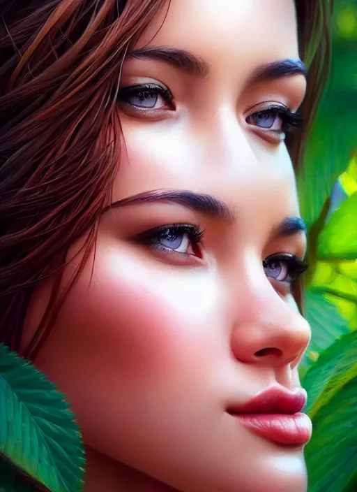 Image similar to photo of a gorgeous female in the style of stefan kostic, realistic, half body shot, sharp focus, 8 k high definition, insanely detailed, intricate, elegant, art by stanley lau and artgerm, extreme bokeh foliage