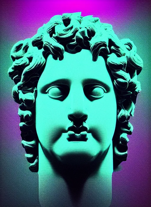 Image similar to bust of dionysus, beeple, vaporwave, retrowave, black background, neon wiring, black, glitch, strong contrast, cuts, pinterest, trending on artstation