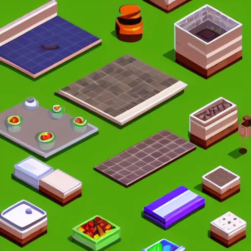 Prompt: isometric tileset for a cooking game