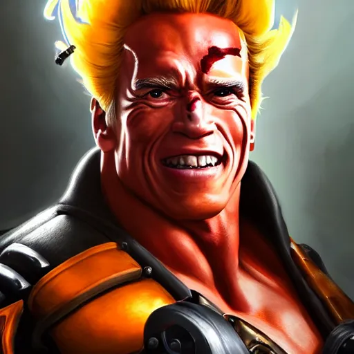 Image similar to a screenshot of arnold schwarzenegger as junkrat in overwatch holding tnt, portrait, fantasy, beautiful face, vivid colors, elegant, concept art, sharp focus, digital art, hyper - realistic, 4 k, unreal engine, highly detailed, hd, dramatic lighting by brom, trending on artstation