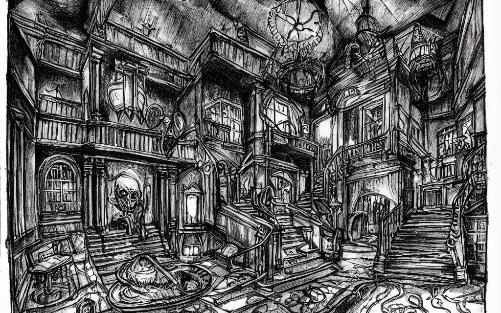 Prompt: haloween lovecraftian mansion interior epic, drawn by pete amachree