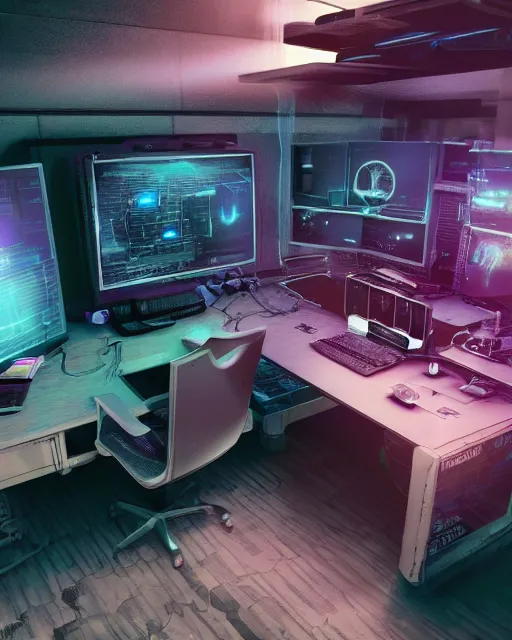 Image similar to artstation cyberpunk scifi scene of a complex computer workstation in a small studio apartment room, many monitors, many electronics, a window view, very detailed, maximalism, ambient occlusion, volumetric light, atmospheric haze, unreal engine, hyper realism, realistic shading, cinematic composition, realistic render, octane render, detailed textures, photorealistic, wide shot