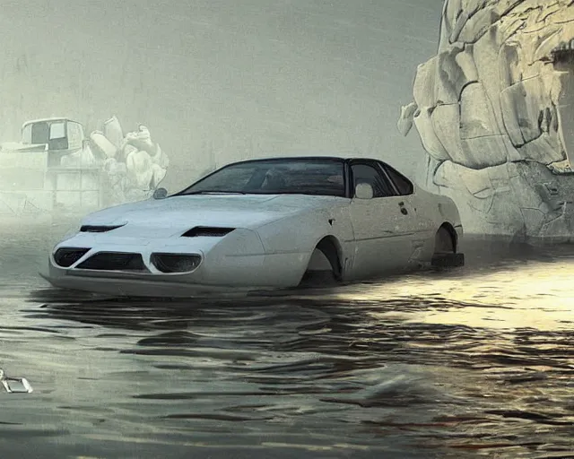 Image similar to white lotus esprit submerged under water, cinematic, photoreal, by red dead redemption 2