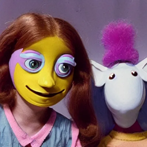 Prompt: children's tv show about a woman with a nostril face, long snout, wacky live-action children's television show, 1974, technicolor
