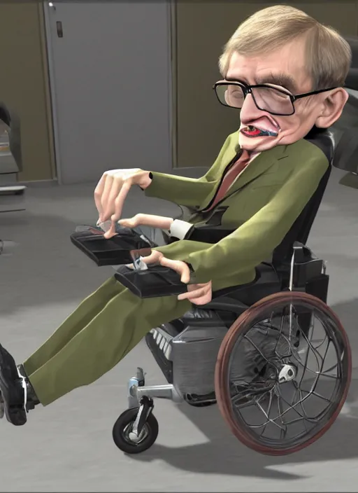 Image similar to Stephen Hawking riding on a trex in garrys mod