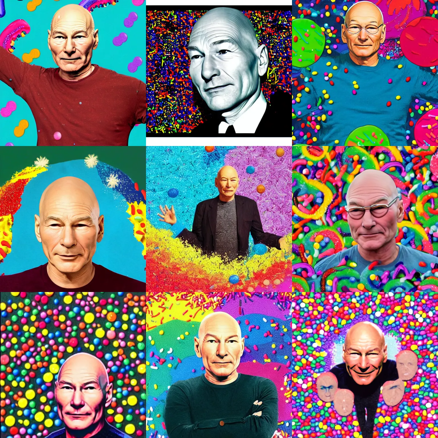 Prompt: Patrick Stewart drowning in a create of sprinkles, colorful, dramatic, frantic, arm reaching out