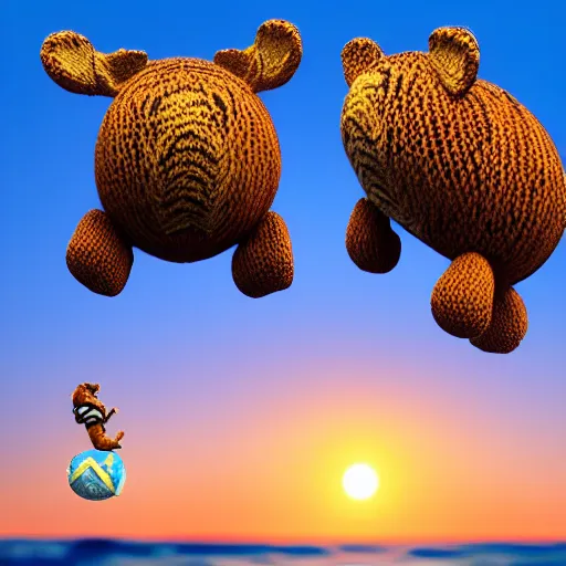 Image similar to a closeup photorealistic photograph of a cute smiling knitted tiger hippopotamus chasing beachballs during sunset. teeth exposed, surf in the background. professional capture. this 4 k hd image is trending on artstation, featured on behance, well - rendered, extra crisp, features intricate detail, epic composition and the style of unreal engine.