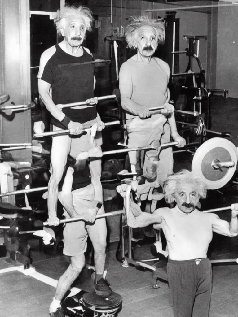 Prompt: Albert Einstein working out at the gym,