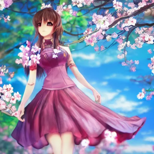 Image similar to 3d rendered anime girl with cherry blossoms as clothing in a flower garden, fantasy art, hyper realistic, detailed, ultra detailed, dynic lighting, fantasy concept art