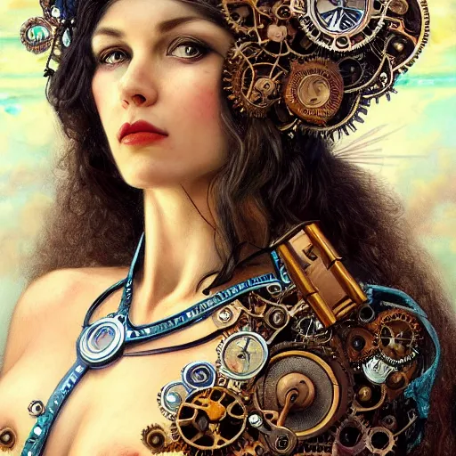 Image similar to Head and shoulders materpiece portrait of Lana Rhoades as a steampunk beautiful goddess, she half human and half robot, she is embellished with few gears wheels and gemstones, by William Holman Hunt, Greg Rutkowski, Stanely Artgerm, Tooth Wu, Peter Gric, Aaron Horkey, trending on Artstation, digital art, mythological, symmetrical artwork, cinematic lighting, hyper realism, high detail, octane render, ultra realistic, golden ratio, 4k, 8k