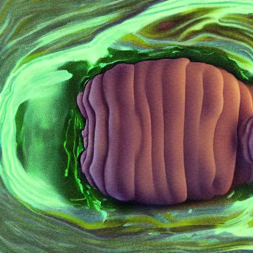 Prompt: tardigrade floating in green slime. finely detailed skin with celluar glossy facets