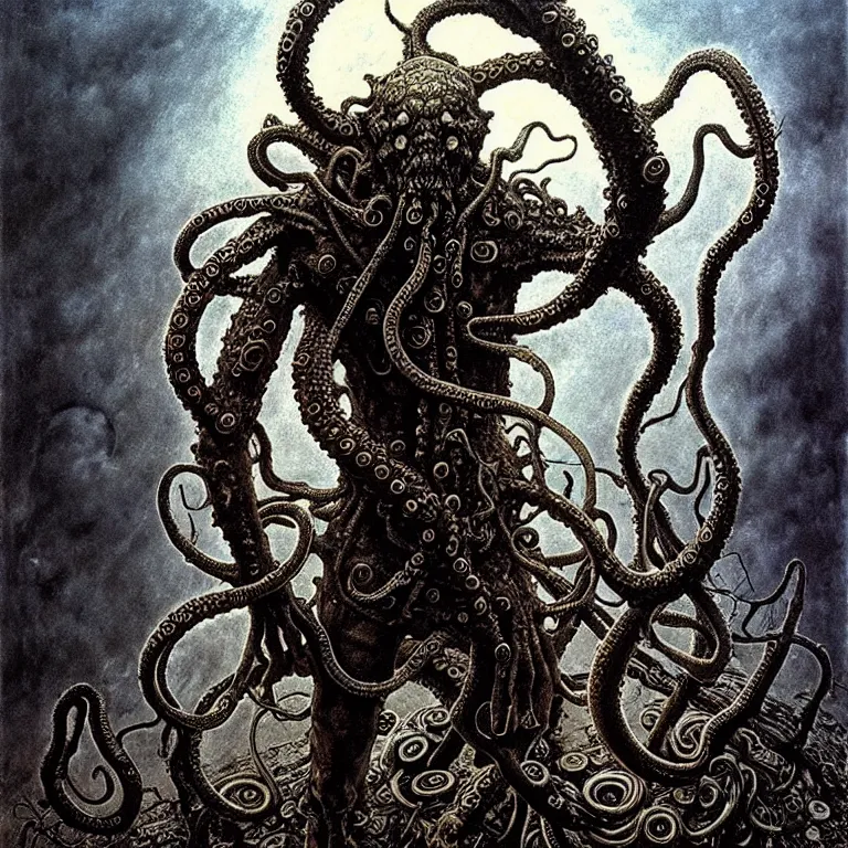 Image similar to A detailed human with tentacles growing out of his head and with armored joints stands with a pebble in hands and toes. Wearing a ripped mantle. Extremely high details, realistic, fantasy art, solo, masterpiece, art by Zdzisław Beksiński, Arthur Rackham, Dariusz Zawadzki