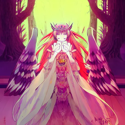 Prompt: anime, goddess of the owls in feathered robe, humanoid, forest ritual, throne, concept art, shigeto koyama, Ilya Kuvshinov,jean giraud, studio lighting, manga, bright colors, beautiful, 28mm lens, vibrant high contrast, gradation, fantasy, rule of thirds, great composition, intricate, detailed, flat, matte print, sharp,clean lines