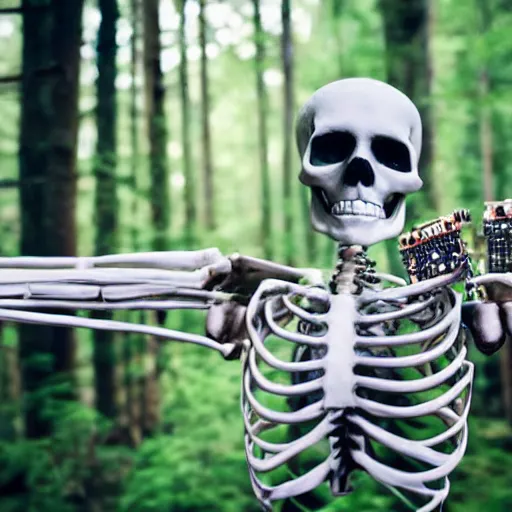 Image similar to portrait photo of a skeleton packed with electronics and mechanical components. In the forest with bokeh