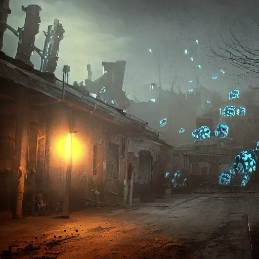 Image similar to ! dream hundreds of glowing skulls floating over the ground of a post - apocalyptic city, dark, horror, high detail, cinematic lighting, unreal engine