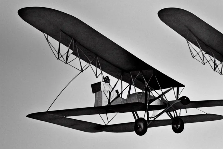 Image similar to still photo of the wright brothers taking off an airplane for the first time, black and white color photograph, highly detailed, photorealistic shot, bright studio setting, studio lighting, crisp quality and light reflections, unreal engine 5 quality render