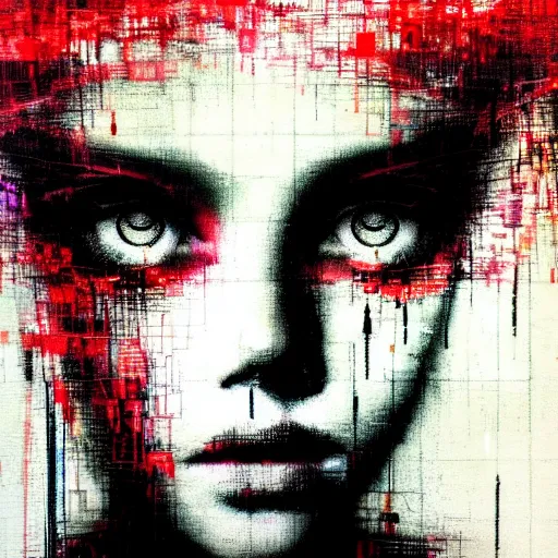Prompt: portrait of a youthful beautiful women, mysterious, glitch effects over the eyes, red eyes, fading, by Guy Denning, by Johannes Itten, by Russ Mills, centered, glitch art, polished, digital tech effects, clear skin, hacking effects, symmetrical eyes, chromatic, cyberpunk, color blocking, digital art, concept art, abstract