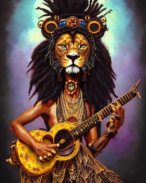 Image similar to lion headed voodoo priestess with steampunk guitar and dank spliff. smug boss face. wild eyes. noble bearing. award winning ornate symmetry matte portrait, artgerm, rhads watercolor, fierce sweet sad and lyrical