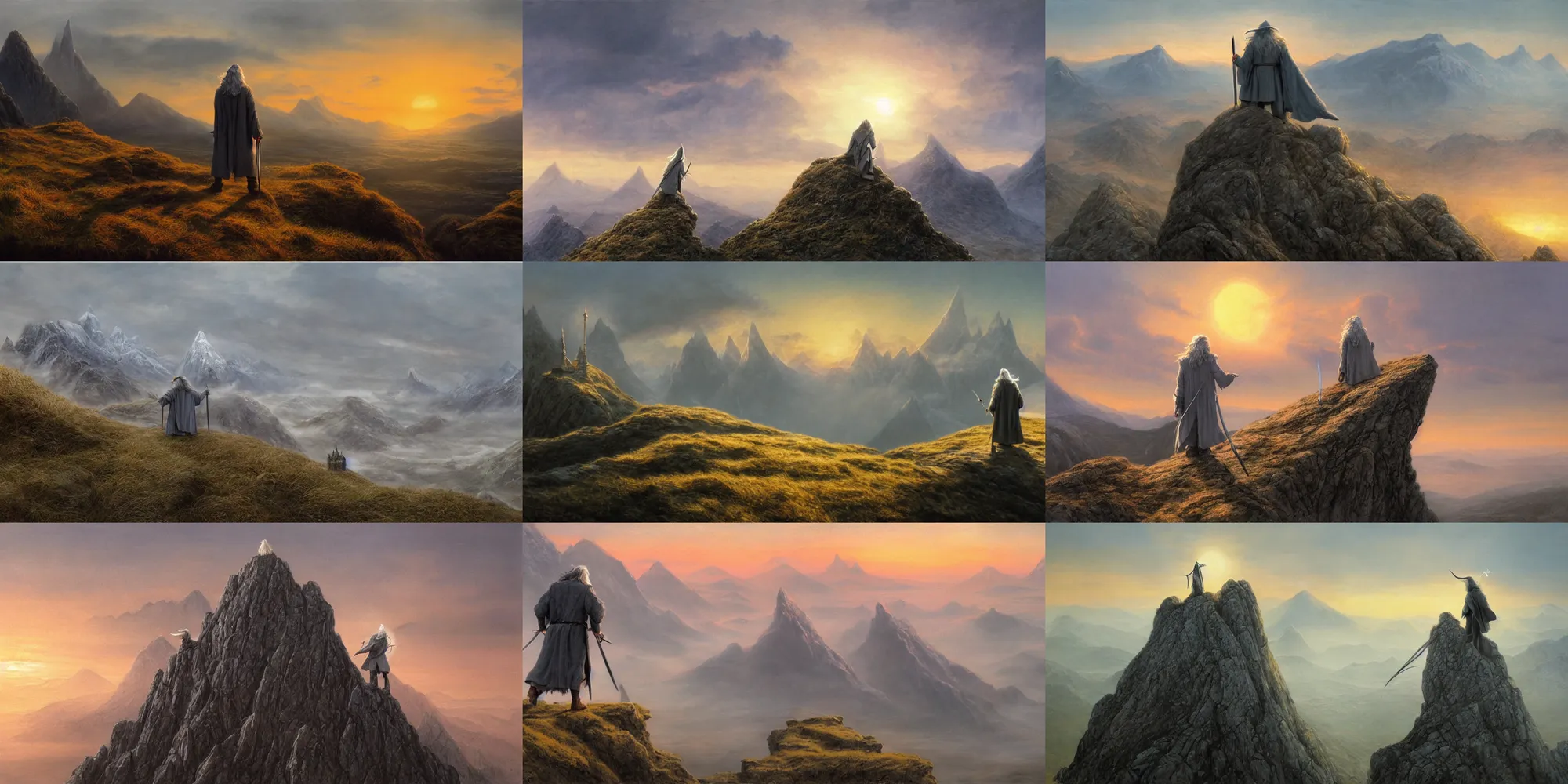 Prompt: Gandalf the Grey Wizard distant atop a highland peak at sunset by Alan Lee, concept art, detailed terrain, oil painting, 4K, art station