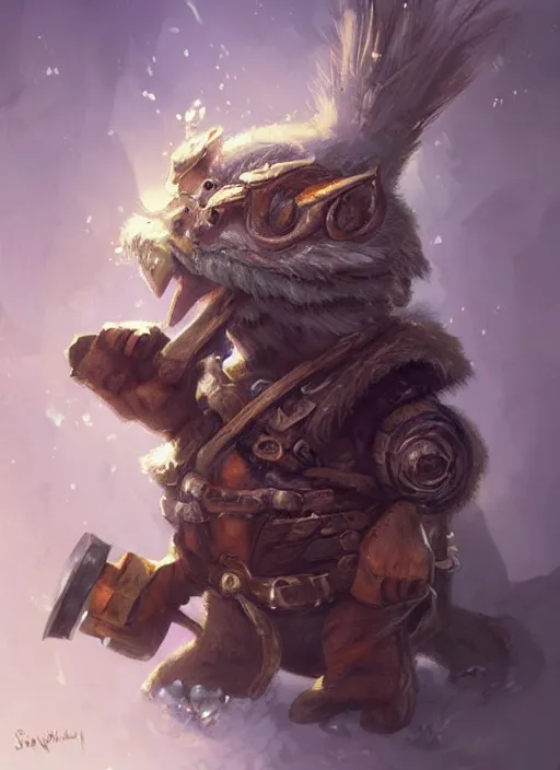 Image similar to cute little anthropomorphic rockfowl bandit wearing swamp patch, tiny, small, miniature animal, baby animal, short, pale black armor, cute and adorable, pretty, beautiful, DnD character art portrait, matte fantasy painting, DeviantArt Artstation, by Jason Felix by Steve Argyle by Tyler Jacobson by Peter Mohrbacher, cinematic lighting