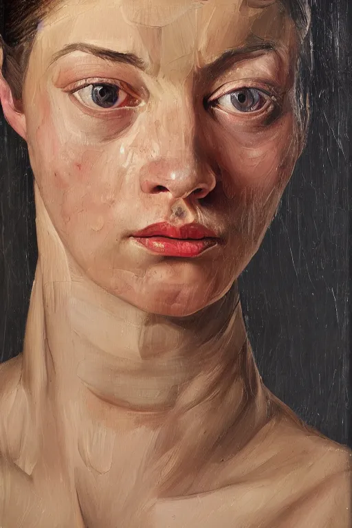 Image similar to high quality high detail oil painting portrait of a young woman by lucian freud, painterly thick brushstrokes, hd, photorealistic lighting
